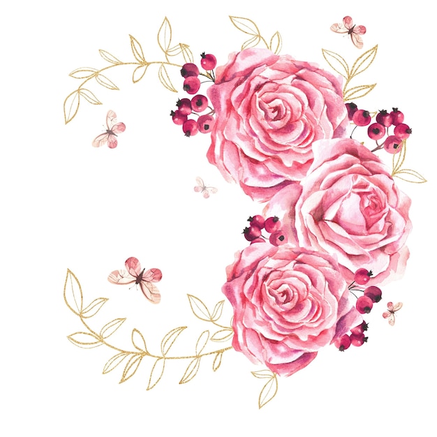 Composição romântica de ramos dourados de bagas de rosas e borboletas Ilustração em aquarela