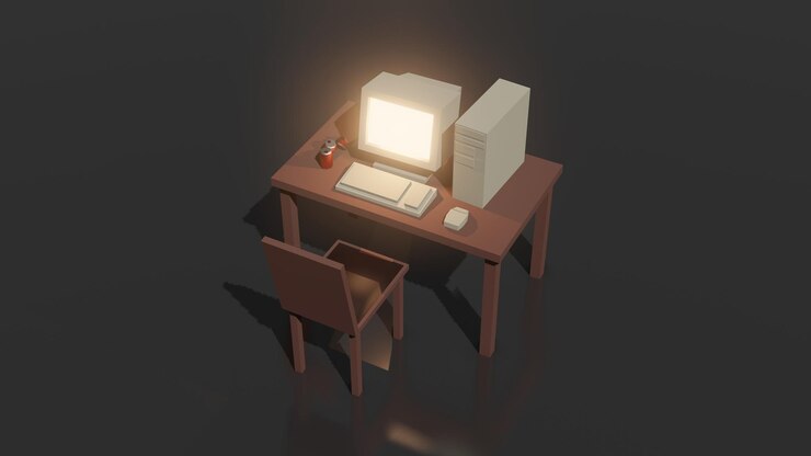 Foto composição simples de simulação com computador antigo na mesa de escritório e renderização em 3d da cadeira