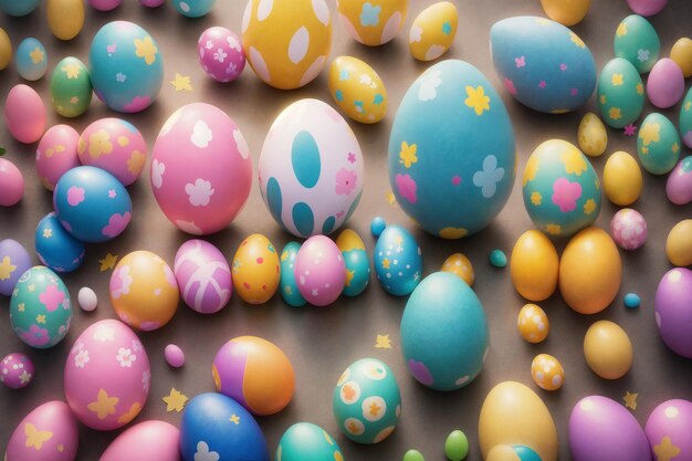 Composição surreal 3D plana com ovos de Páscoa em fundo colorido Padrão feito de ovos decorados