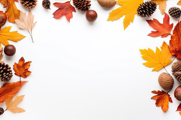 Composição temática de outono com folhas de carvalho e pinhas em fundo branco Flat lay com top