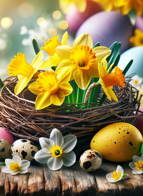Composição vibrante de páscoa com ovos de páscoa coloridos e flores de narcisos