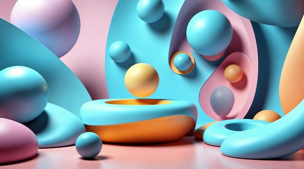 Composición 3D abstracta con formas geométricas y colores pastel