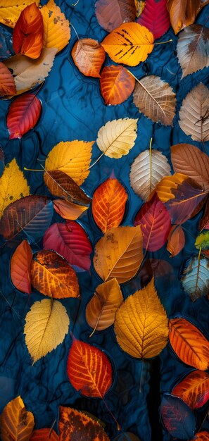 Foto una composición abstracta de coloridas hojas de otoño flotando en una superficie de agua reflectante de un estanque