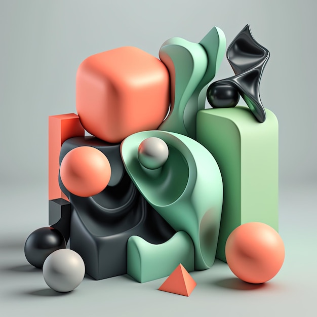 Composición abstracta Formas geométricas simples Ilustración de color oscuro Elementos florales Representación 3D IA generativa