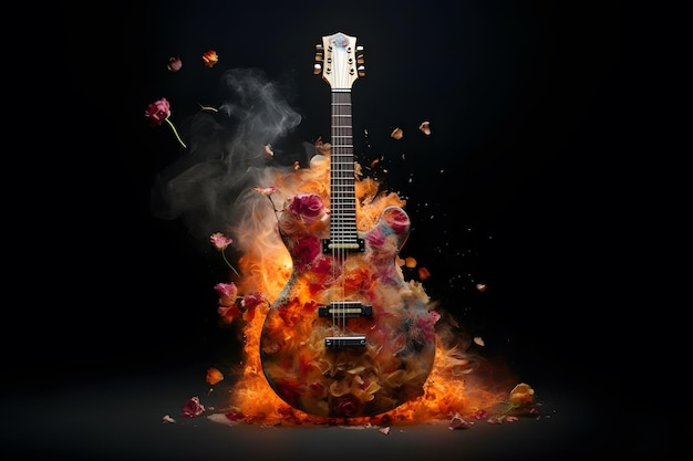 Composición abstracta con una guitarra y flores sobre un fondo oscuro Red neuronal generada por IA