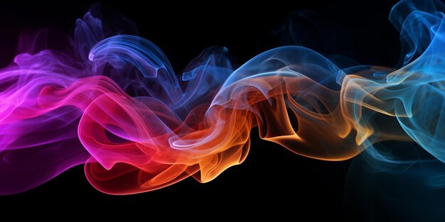 Composición abstracta con humo multicolor y formas vibrantes sobre un fondo negro que crea una exhibición visualmente cautivadora de colores dinámicos y formas intrigantes Generative Ai