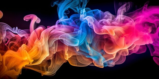 Composición abstracta con humo multicolor y formas vibrantes sobre un fondo negro que crea una exhibición visualmente cautivadora de colores dinámicos y formas intrigantes Generative Ai