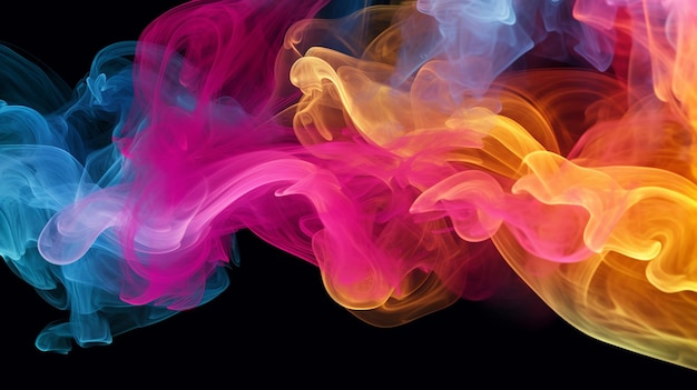 Foto composición abstracta con humo multicolor y formas vibrantes sobre un fondo negro que crea una exhibición visualmente cautivadora de colores dinámicos y formas intrigantes generative ai