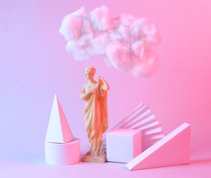 Foto composición abstracta moderna de formas geométricas estatua antigua y nube esponjosa flotante en luz degradada de neón rosa azul idea creativa arte conceptual minimalismo surrealismo
