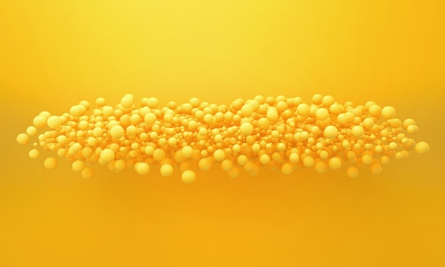 Composición abstracta de muchas esferas voladoras sobre un fondo amarillo. Composición abstracta con clon de partículas 3d. Diseño de carteles, pancartas, carteles. Representación 3d