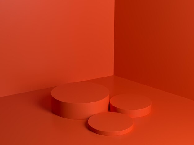 Composición abstracta de podio naranja rojo para presentación de producto alto ángulo 3d render 3d ilustración