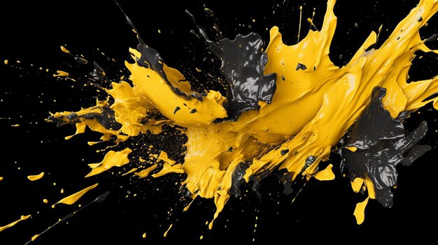 Composición abstracta con salpicaduras de pintura amarilla contra un fondo negro que crea una pantalla visualmente llamativa que combina un vibrante contraste de colores y efectos dinámicos de salpicadura Generativo Ai
