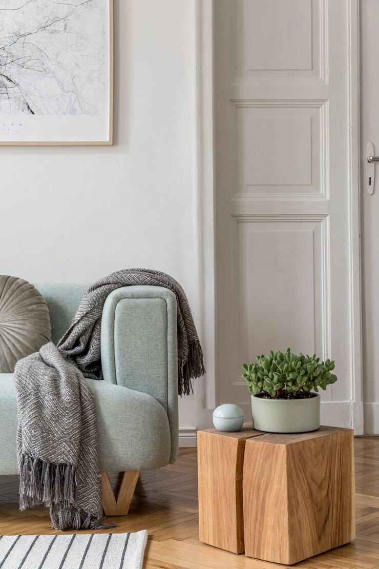 Composición acogedora y creativa del elegante diseño de interiores de la sala de estar con marco, sofá verde, muebles de madera, plantas y accesorios. Paredes blancas, suelo de parquet.