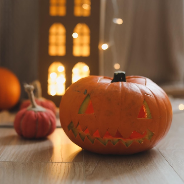 Composición acogedora de halloween y otoño con calabazas decoración del hogar de octubre