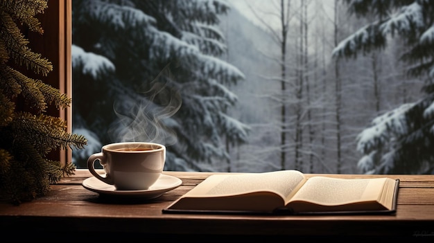 Composición acogedora de invierno con una taza de café de libro abierto Árbol de Navidad alféizar de madera