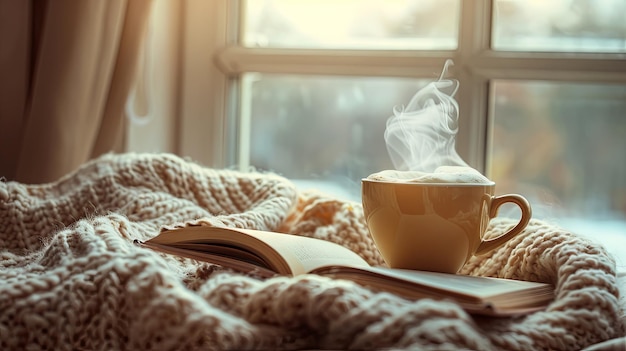 Composición acogedora con taza de café, libro de té y manta Concepto de fondo