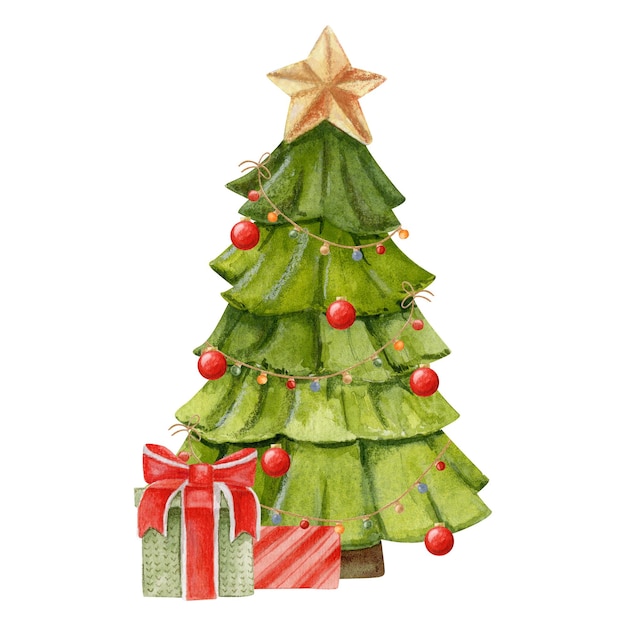 Composición en acuarela de un árbol de Navidad decorado y regalos Ilustración dibujada a mano