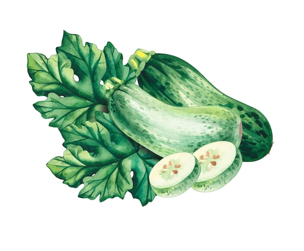 Composición de acuarela con calabacín aislado en blanco