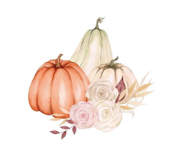 Composición de acuarela con calabaza y flores calabazas y rosas con ramas y hojas tarjeta de otoño en colores pastel felicitaciones diseño y decoración tema de la cosecha