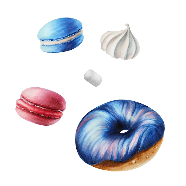 Composición de acuarela con donut de merengue de malvavisco macaron Pintura a mano dulce en un isolat blanco