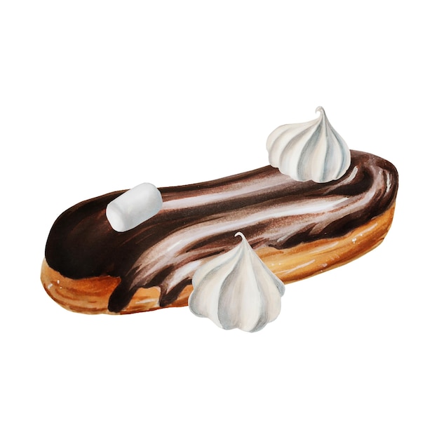 Composición de acuarela con eclair en merengue de chocolate y malvaviscos Pintura a mano dulce en un