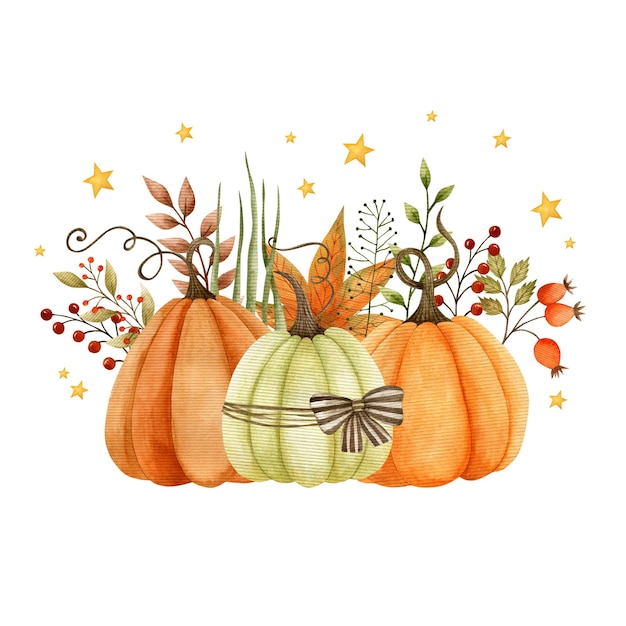 Composición acuarela de flores hojas calabaza