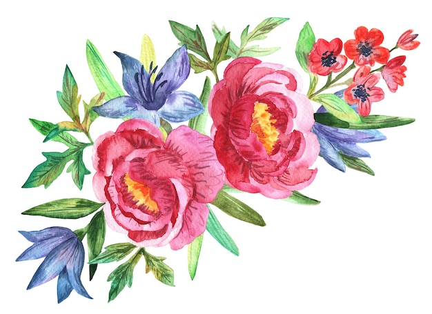 Composición de acuarela de flores y hojas ilustración floral aislado sobre fondo blanco.