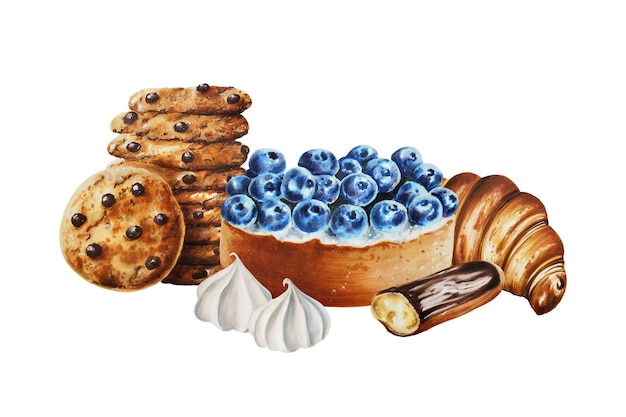 Composición de acuarela con galletas de chocolate eclairs croissant merengue blueberry cake Hand paintin