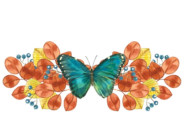 La composición de acuarela de hojas amarillas y mariposas azules está pintada a mano en acuarela.