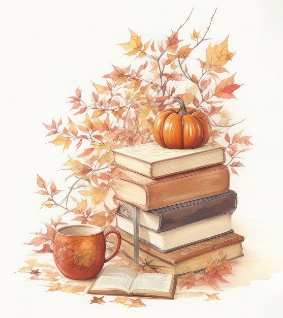 Composición de acuarela linda en colores marrones libros y hojas de otoño Ilustración linda aislada