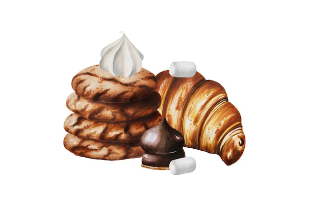Composición de acuarela con malvaviscos de galletas de maní en croissant de merengue de chocolate y marshma