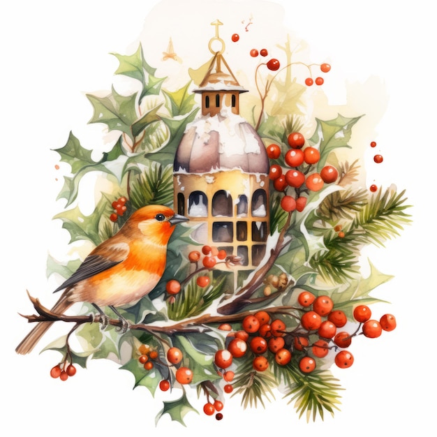 Composición de acuarela navideña con un pájaro y ramas de abeto Ilustración para postales y
