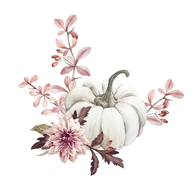 Composición de acuarela de otoño con t calabaza blanca rosas ramas de albarbería dahlia flor y hojas