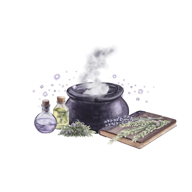 Composición de acuarela de pociones de caldero fumador grimoire y hierbas ilustración dibujada a mano