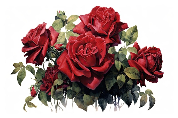 Composición de acuarela romántica de ramo de rosas carmesí