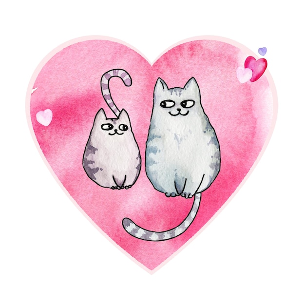 Composición de acuarela de tema de amor con gatos lindos en fondo de acuarel rosa día de San Valentín ba