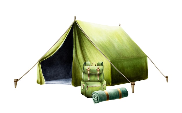 Composición de acuarela con verde tienda de campamento senderismo y mochila de campamento enrollado manta y sle