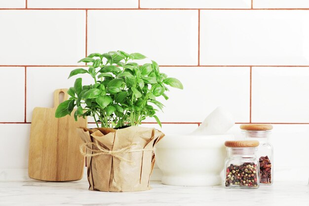 Foto composición de albahaca fresca y utensilios de cocina especias en la mesa de la cocina