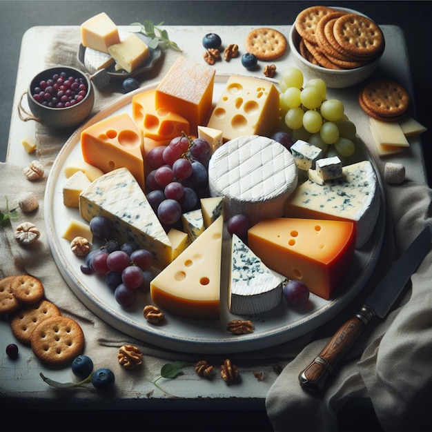 Foto composición alimentaria quesos productos de la elaboración del queso uvas