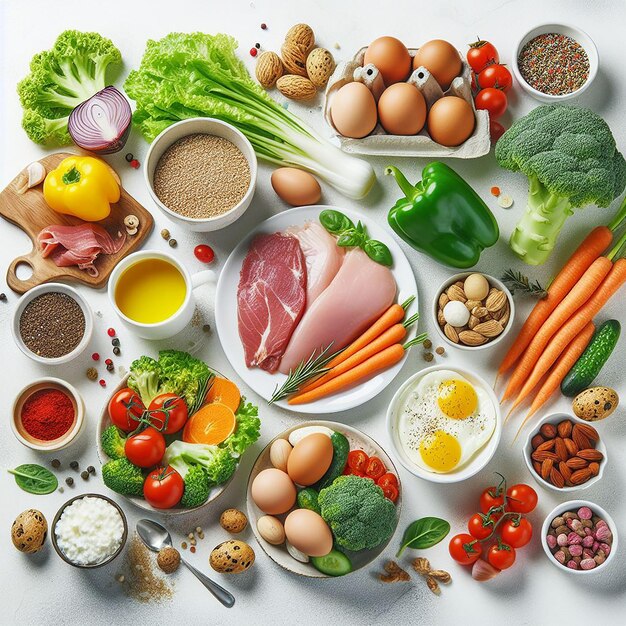 Composición alimentos nutritivos con variedad carne vegetal fresca huevos dieta saludable mesa blanca