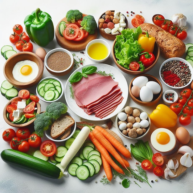 Composición alimentos nutritivos con variedad carne vegetal fresca huevos dieta saludable mesa blanca