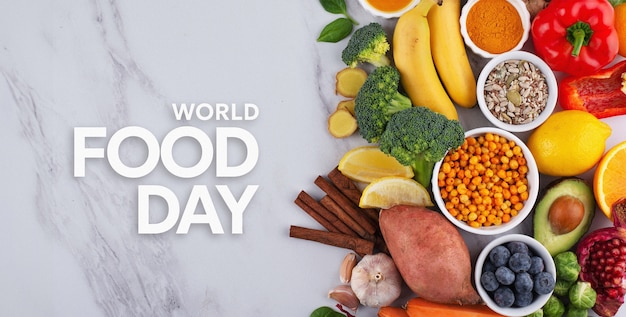 Composición de alimentos con el texto Día Mundial de la Alimentación