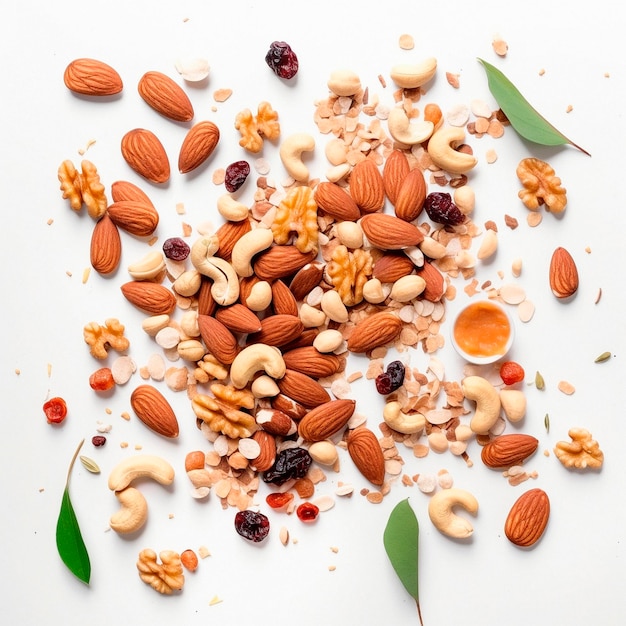 Composición de almendras, cacahuetes y anacardos en la mesa.