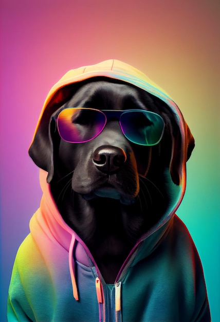 Composición animal creativa Labrador negro con capucha rota con gafas de sol aisladas Fondo degradado pastel Con espacio de copia de texto Generar Ai