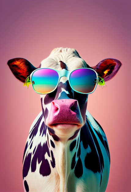 Composición animal creativa Vaca con gafas de sol gafas aisladas Fondo degradado pastel Con espacio de copia de texto Generar Ai