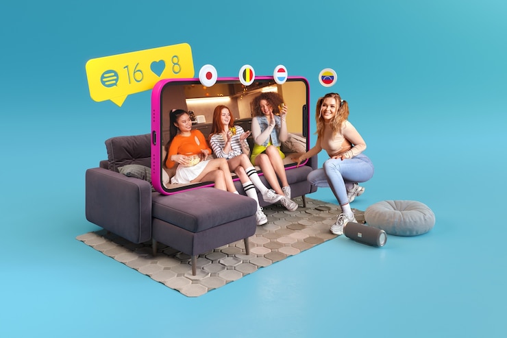 Foto composición para aplicación de redes sociales con smartphone y amigos.