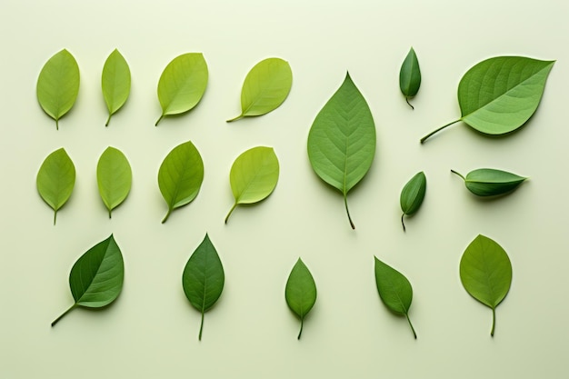 Composición armoniosa Una nueva versión de las hojas verdes que celebran la naturaleza en una colocación plana minimalista