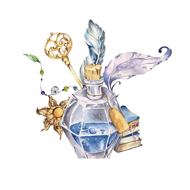 Composición Artículos mágicos Botella con poción espumosa Amuletos de oro Libros místicos Plumas Ilustración de acuarela para el diseño de sitios web Beneficios Tarjetas postales Invitaciones para envolver regalos