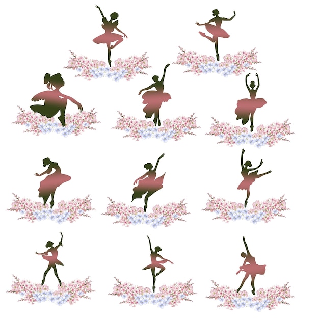 Composición de bailarina bailando con flores Pose de actuación de ballet clásico dibujada a mano