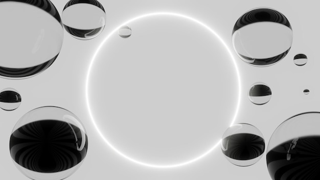 Composición de bolas de cristal 3D. Esferas de vidrio con anillo de neón brillante en el medio. fondo gris. ilustración 3d